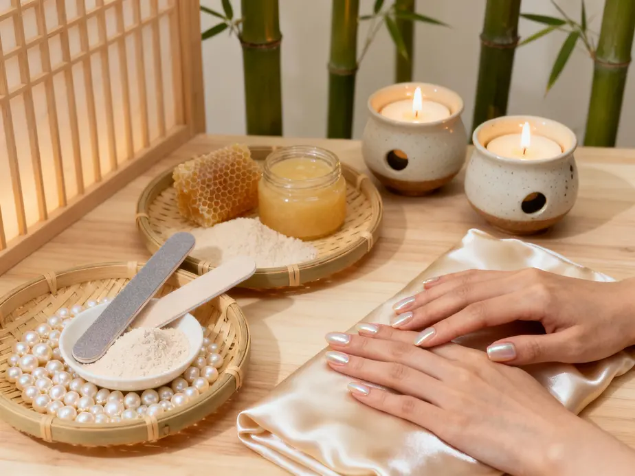 manucure japonaise avec ingrédients naturels et éclat nacré