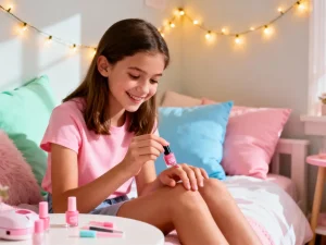 Teenager safely applying nail polish in a bright room