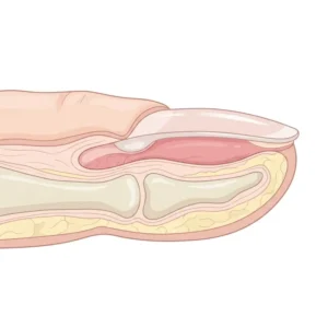 Schéma anatomique de la matrice de l'ongle — coupe transversale du doigt montrant la matrice proximale et distale, la plaque unguéale, la lunule et le lit de l'ongle