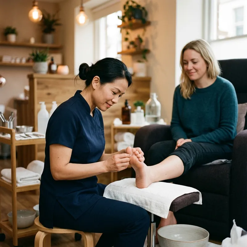 Ongle qui se décolle : que faire ? 3 Prothésiste ongulaire examinant l'ongle d'une cliente à sa table de manucure, photo réaliste en salon, éclairage chaleureux