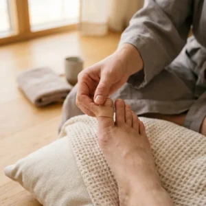 Geste de soin : appliquer un pansement adhésif transparent sur un orteil après un choc, photo réaliste en salon de pédicure, sans aucun texte ni logo visible